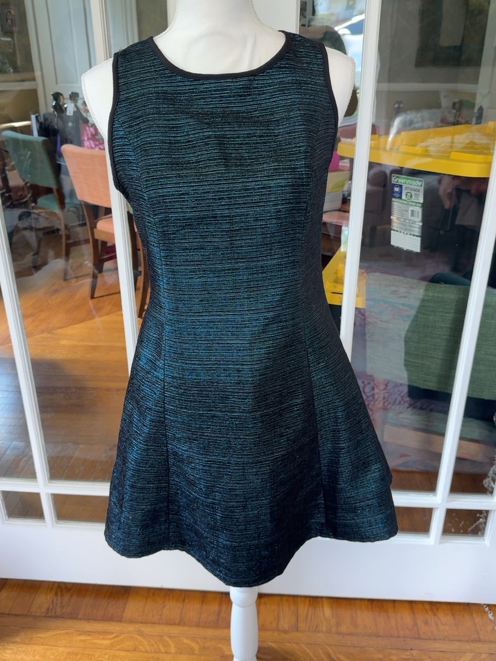 Sleeveless Textured Blue-Black Fit & Flare Dress